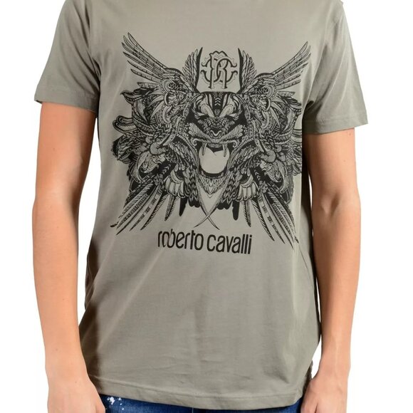 Roberto Cavalli Men's Olive Green Graphic Crewneck T-Shirt - Picture 1 of 4